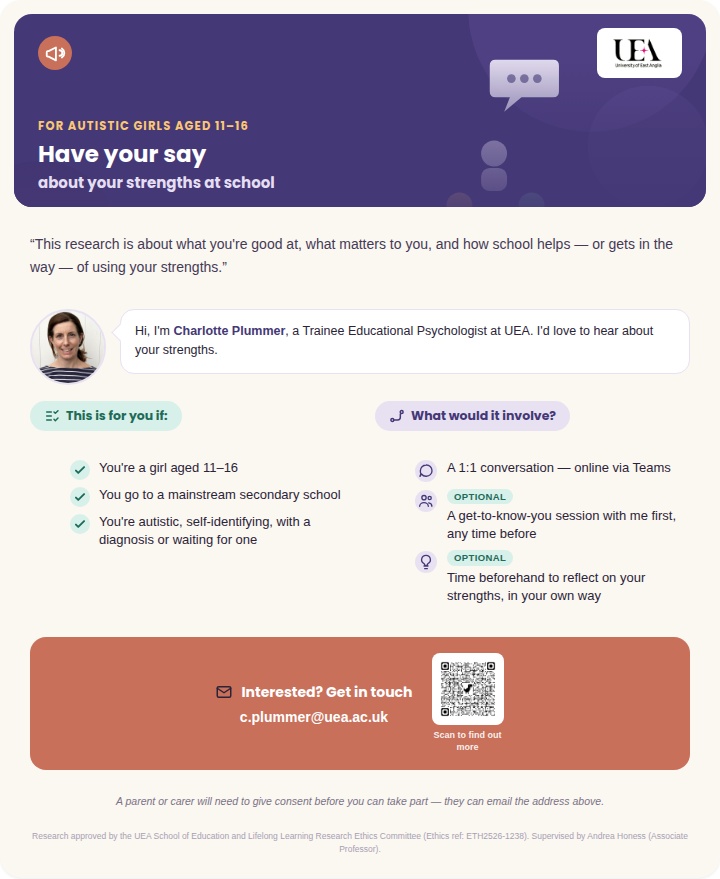Have your say — research flyer for autistic girls aged 11–16 by Charlotte Plummer, UEA